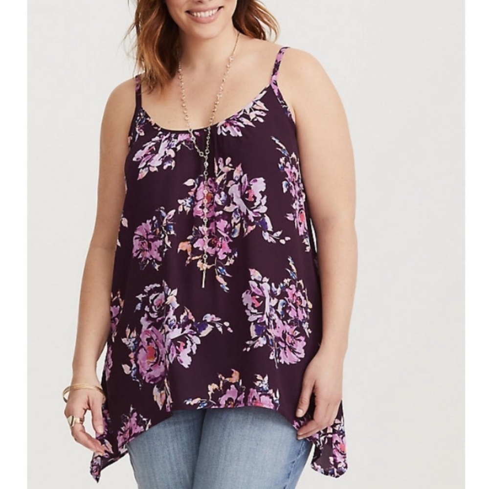 Torrid Purple Floral Georgette Sharkbite Hem Swing Cami